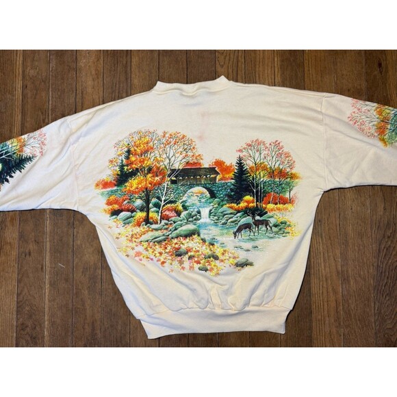 VTG 90s Lifestyles Crew Sweatshirt AOP Fall Scene Deer All Over Print Glitter - Picture 5 of 5